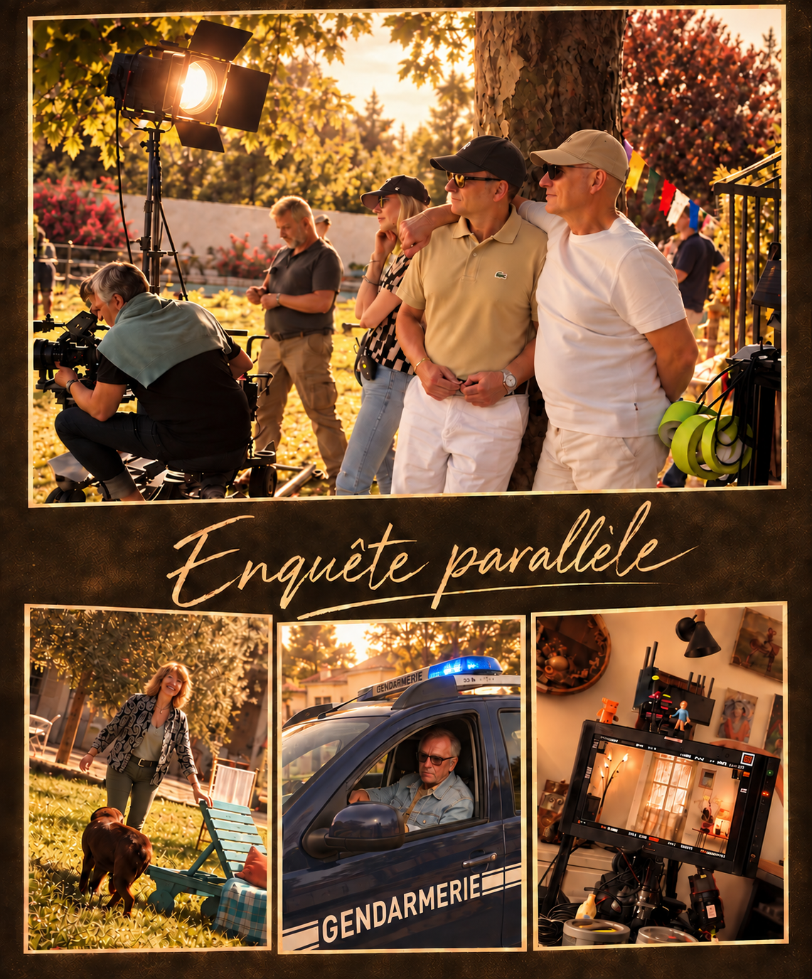 Souvenirs du tournage d’Enquête parallèle : montage photographique aux tons dorés avec Laurent Bacri et l’équipe